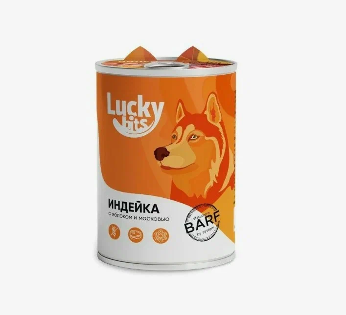 Консервы для собак Lucky Bits индейка с яблоком и морковью 400г 465₽