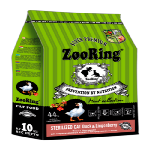 Сухой корм для кошек ZooRing Sterilized Cat DUCK&Lingonberry, утка с брусникой, 10 кг