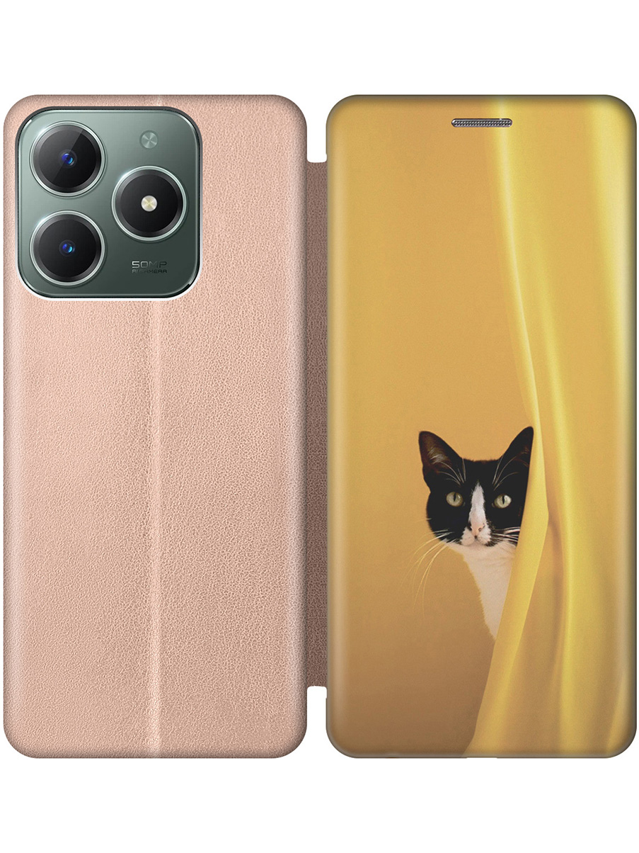 

Чехол-книжка на Realme C61 / C63 с принтом "Выглядывающий котик" золотой, Золотистый;белый;желтый;черный, 785979612