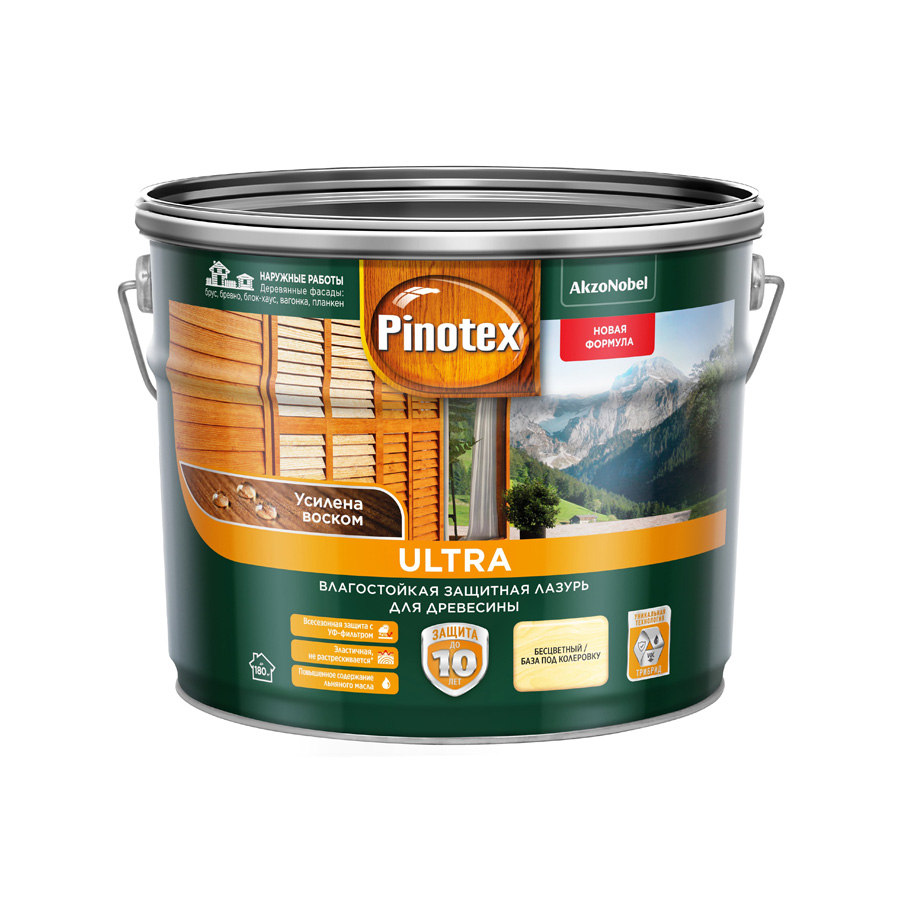 Защитная лазурь Pinotex Ultra влагостойкая для древесины бесцветная 9 л восстановитель сальников и устранитель течи в масляной системе gunk