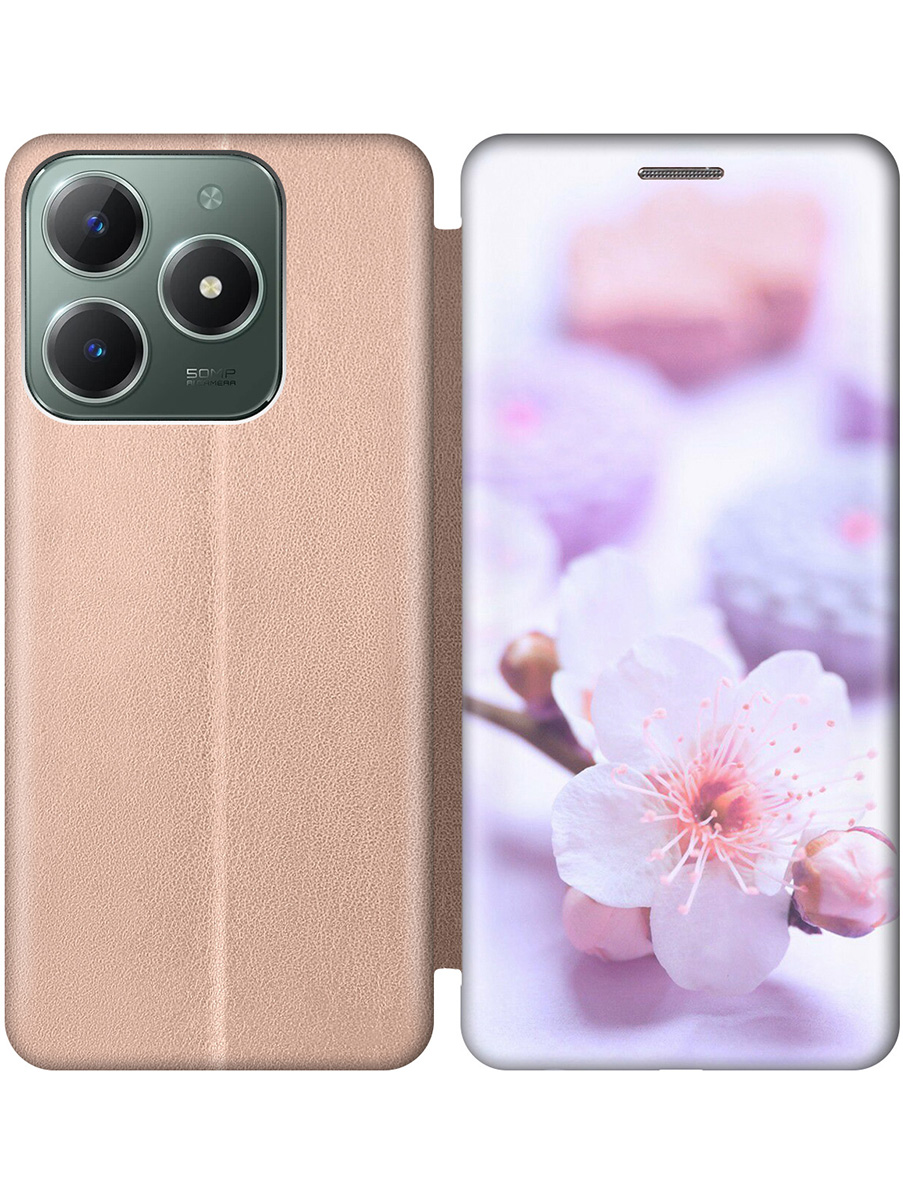 

Чехол-книжка на Realme C61 / C63 с принтом "Цветок вишни" золотой, Золотистый;белый;фиолетовый, 785979622