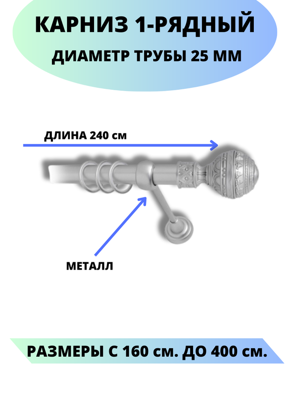 

Карниз металлический Винтаж, 1-рядный, гладкий, D-25 мм., цвет сатин, 2,4 м., Серый, Винтаж