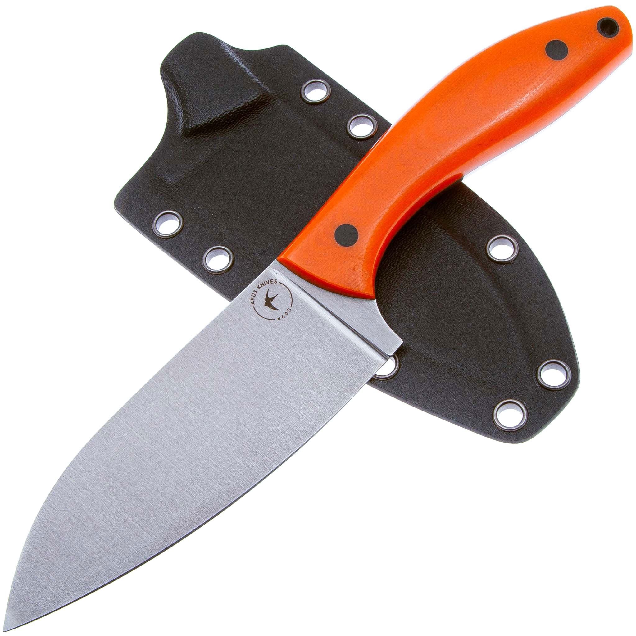 

Тактический кухонный нож Apus Knives Santoku M, сталь Bohler N690, рукоять оранжевая G-10, Santoku M