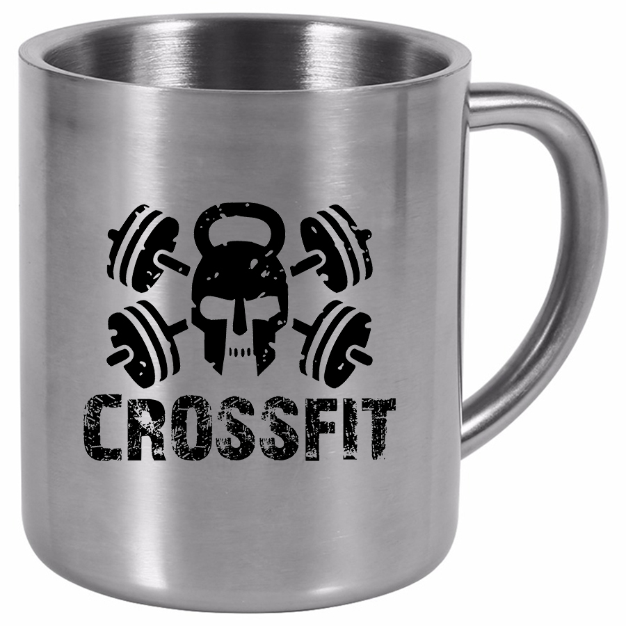 фото Металлическая кружка drabs в подарок спортсмену crossfit - череп в шлеме, со штангами