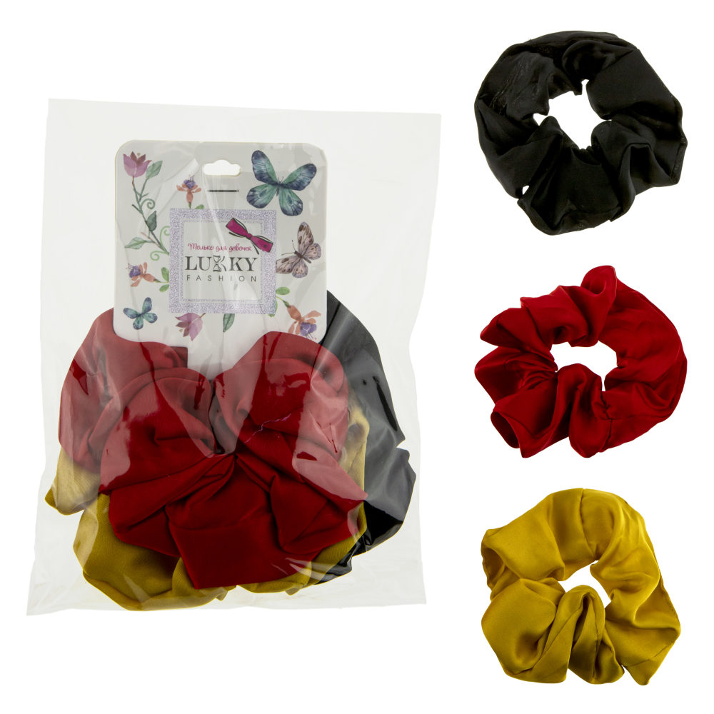 фото Резинки для волос lukky текстильные, атлас, 3 шт: черная, желтая, красная