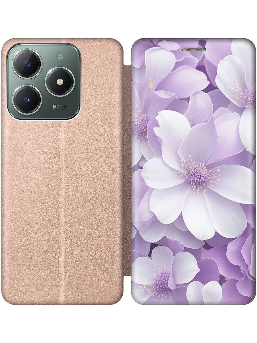 

Чехол-книжка на Realme C61 / C63 с принтом "Бело-фиолетовые цветы" золотой, Золотистый;белый;фиолетовый, 785979621