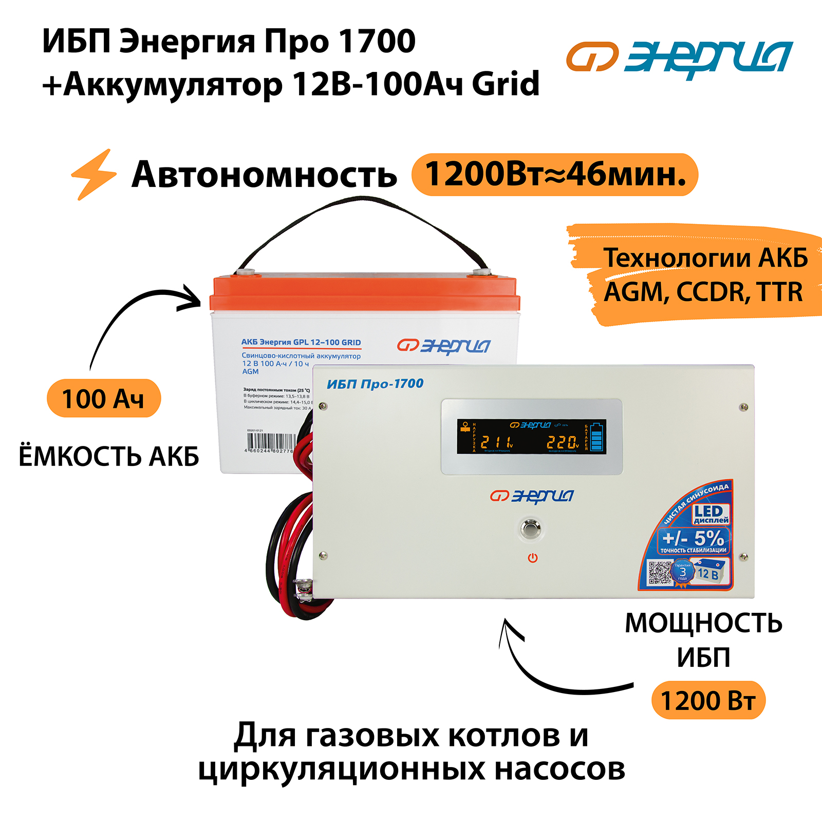 Источник бесперебойного питания Энергия Про 1700 + Аккумулятор (N0201-0030-12)