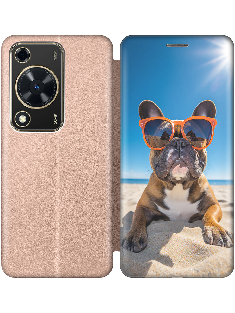 

Чехол-книжка на Huawei nova Y72 с принтом "Бульдог на пляже" золотой, Золотистый;желтый;синий, 785977812