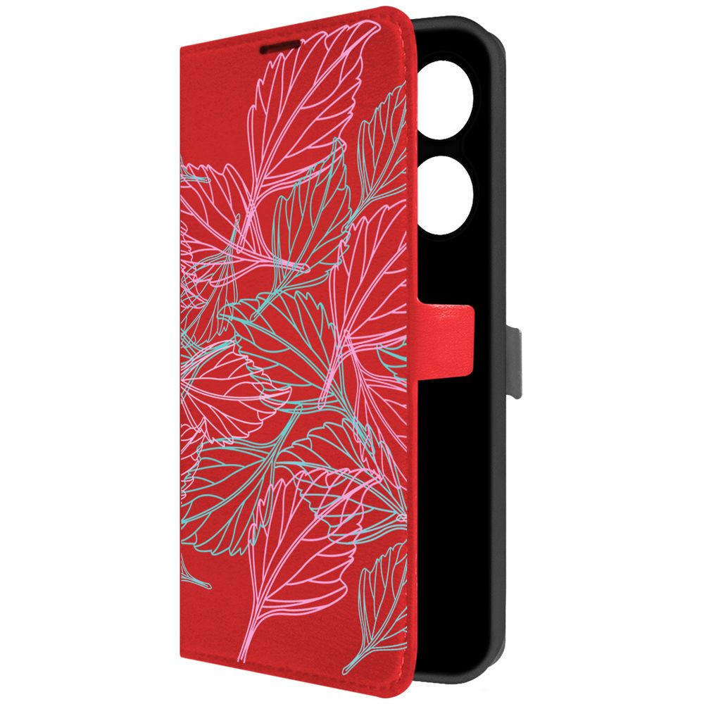 Чехол-книжка Krutoff Eco Book для Honor X7a Plus Листья паттерн (красный)