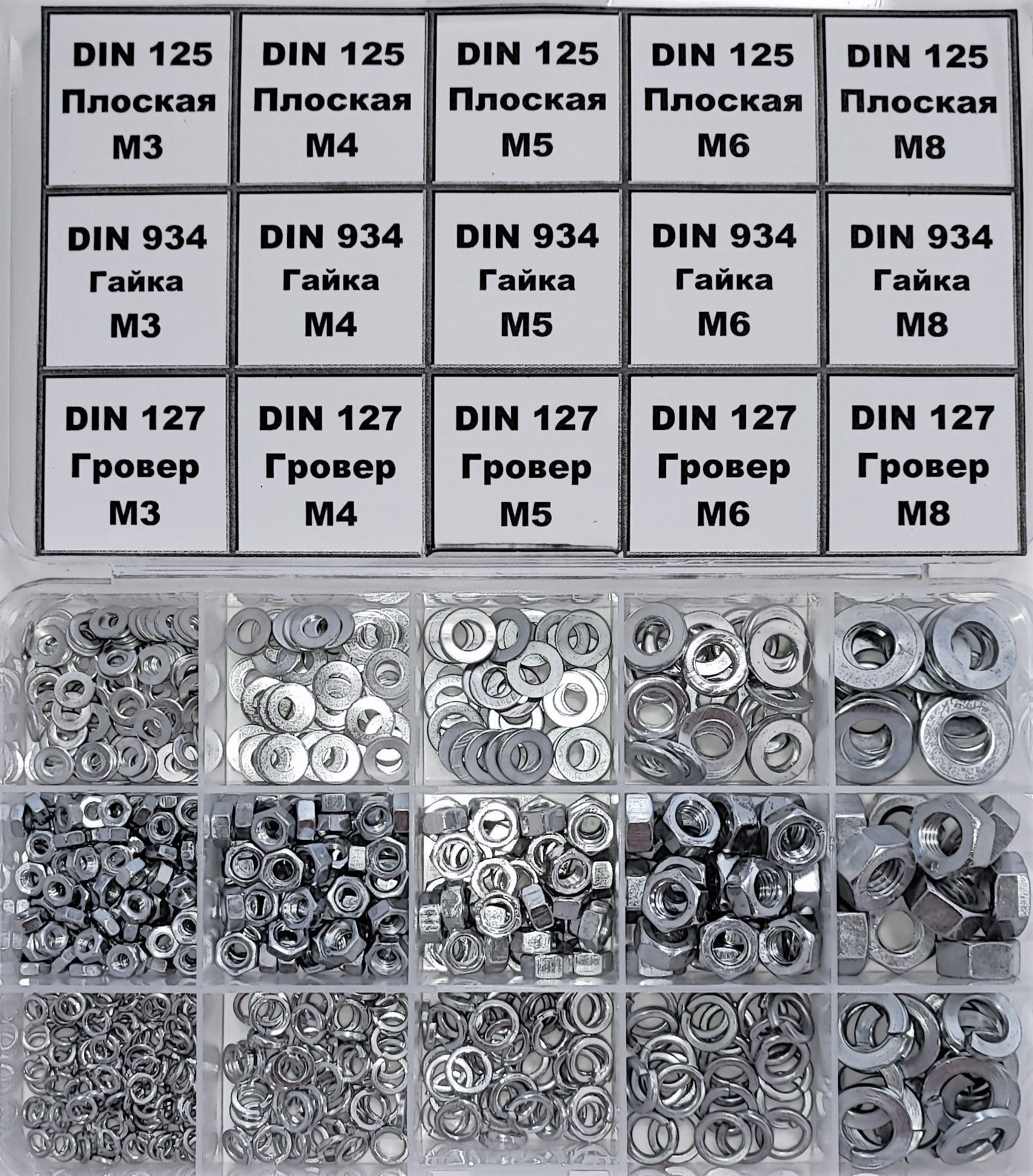 фото Комплект гаек и шайб м3, м4, м5, м6, м8 - 690 шт. в кейсе, krasimall 100276