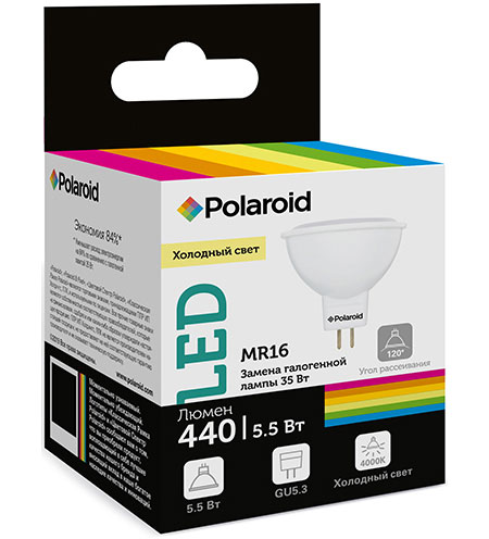 

Светодиодная лампа Polaroid 220V MR16 5,5W 4000K GU5.3 440lm