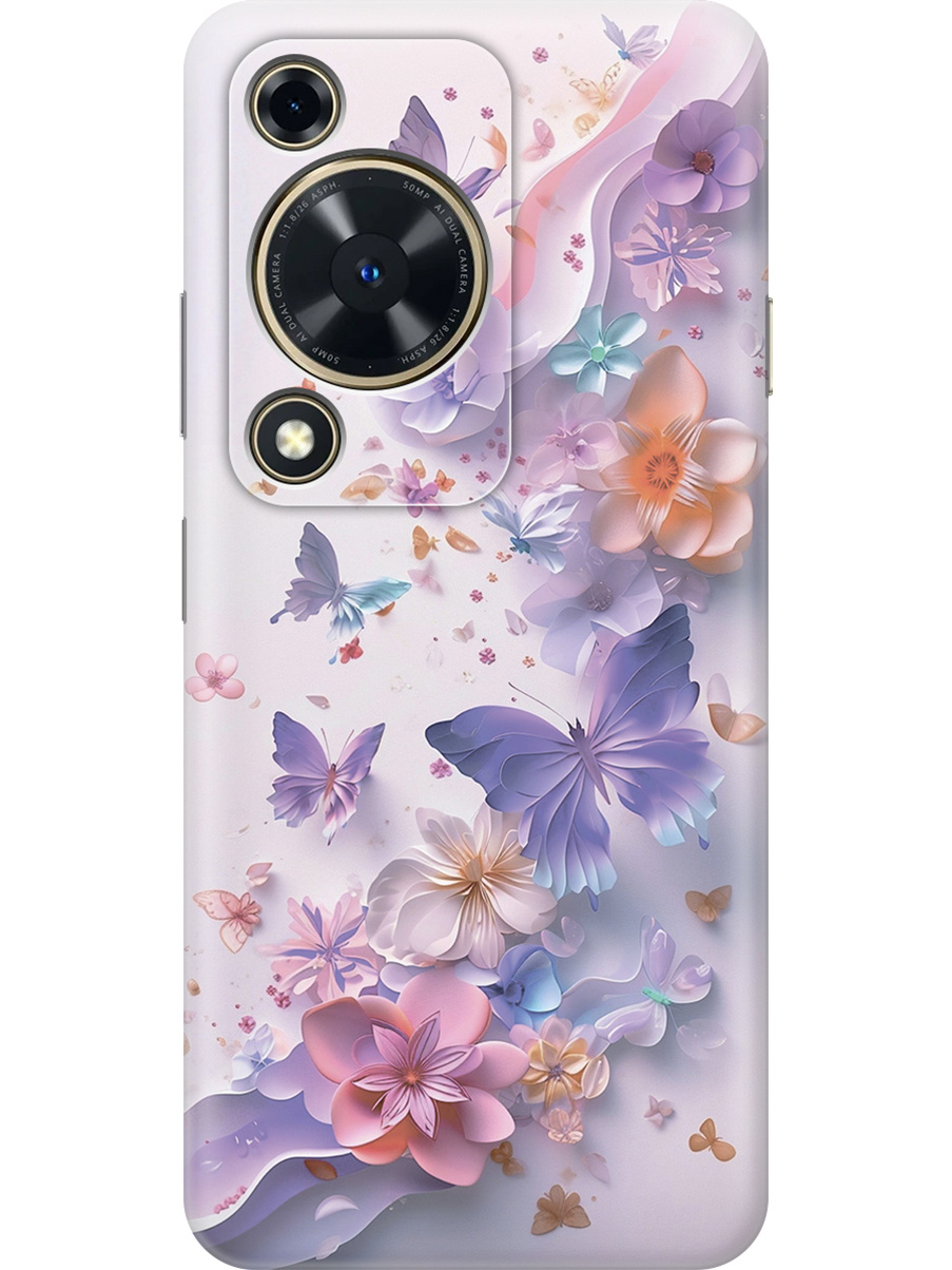 

Силиконовый чехол на Huawei nova Y72 с принтом "Фиолетовые бабочки и бумажные цветы", Прозрачный;розовый;фиолетовый, 785977822