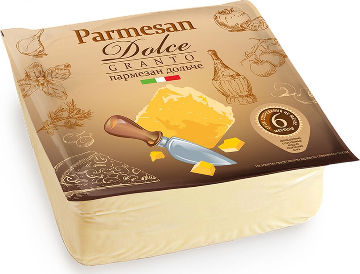 

Сыр твердый Dolce Granto Пармезан зрелось 6 месяцев 40% бзмж