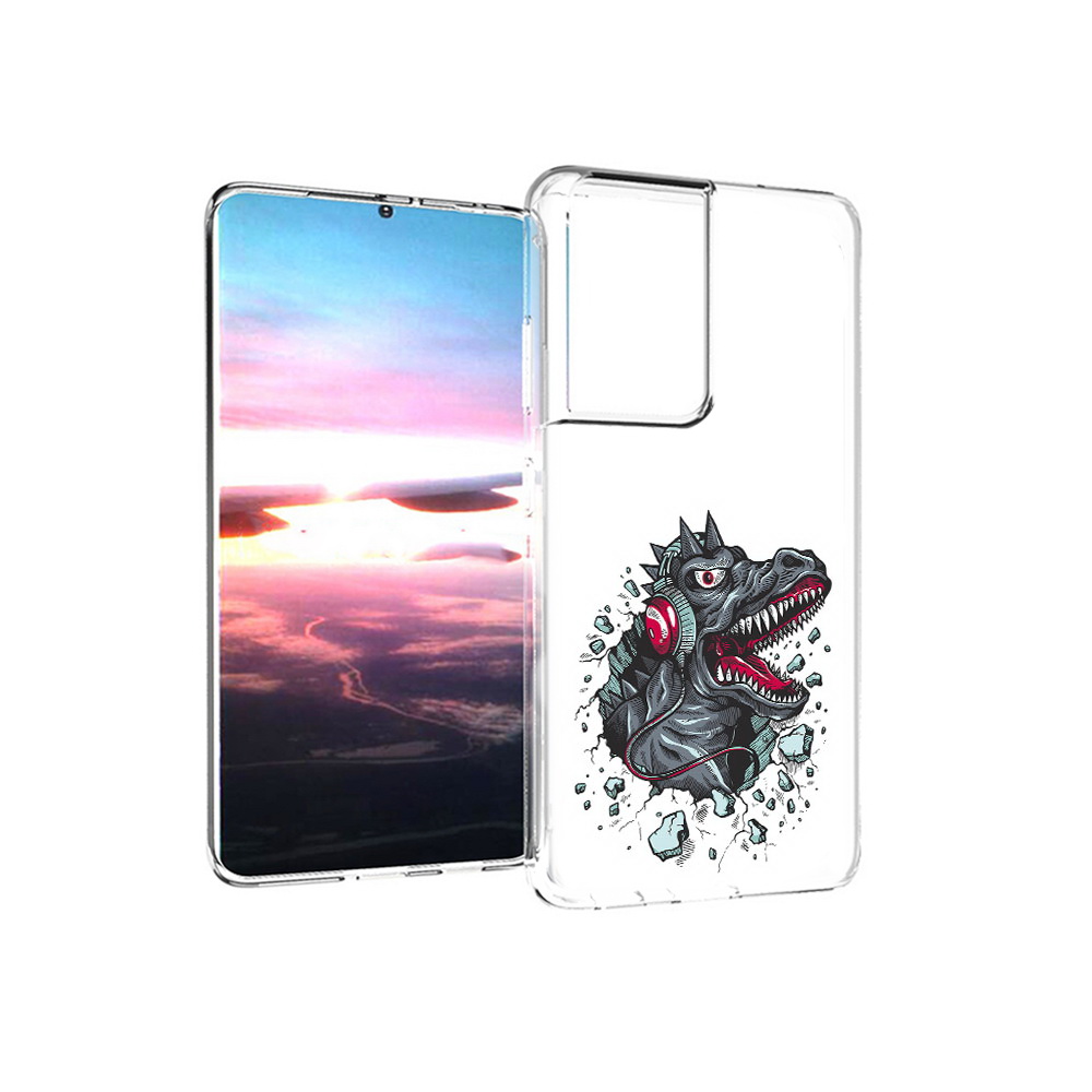 

Чехол MyPads Tocco для Samsung Galaxy S21 Ultra Нарисованный динозавр в наушниках, Прозрачный, Tocco
