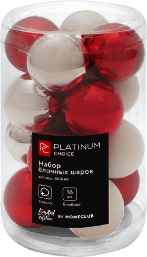 Набор елочных игрушек Platinum СhoiСe W1649 красный-белый-серебро 3,5 см 16 шт