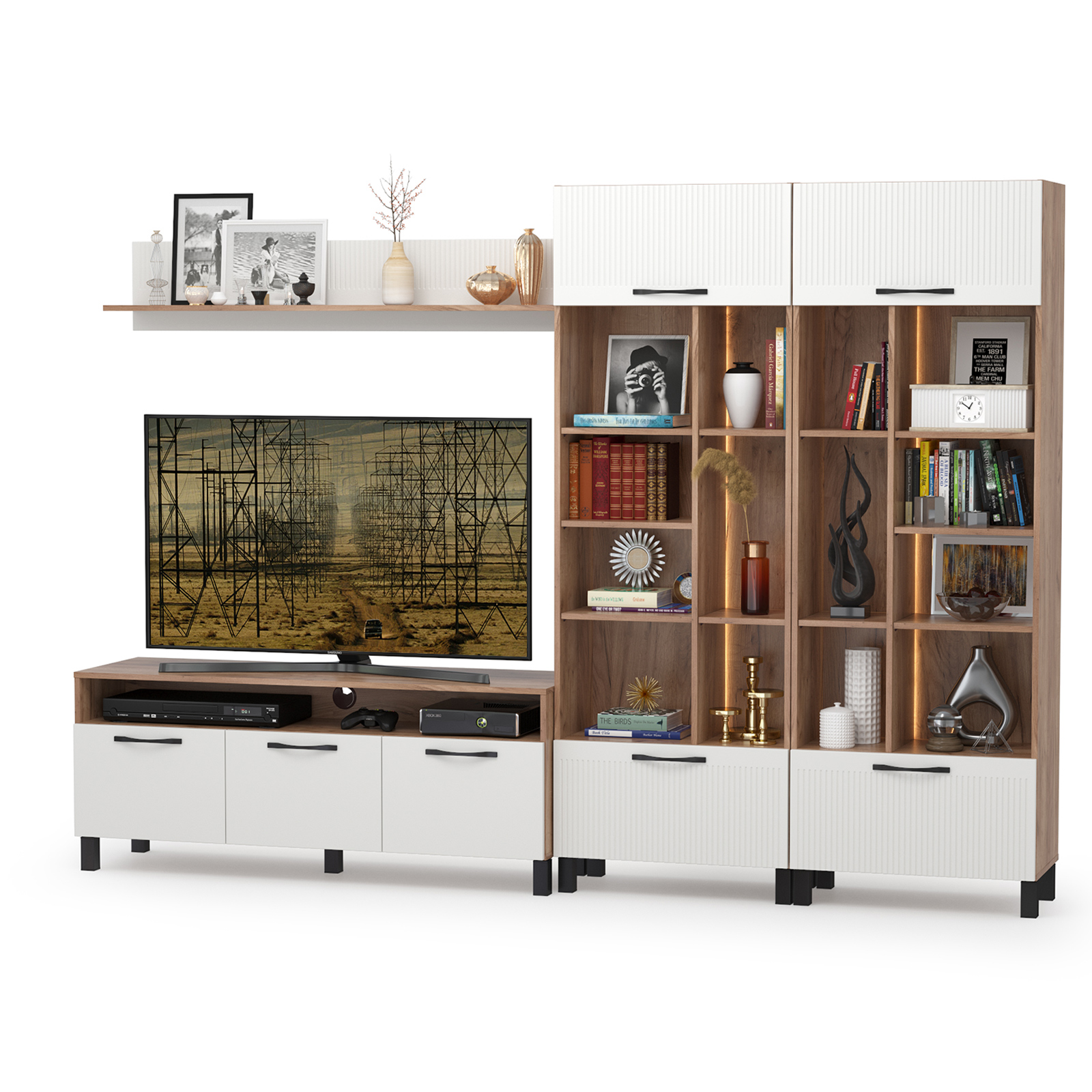 

Стенкая для гостиной Mobi Манхеттен № 26 дуб табачный/белый глянец, 267х45х190, № 26