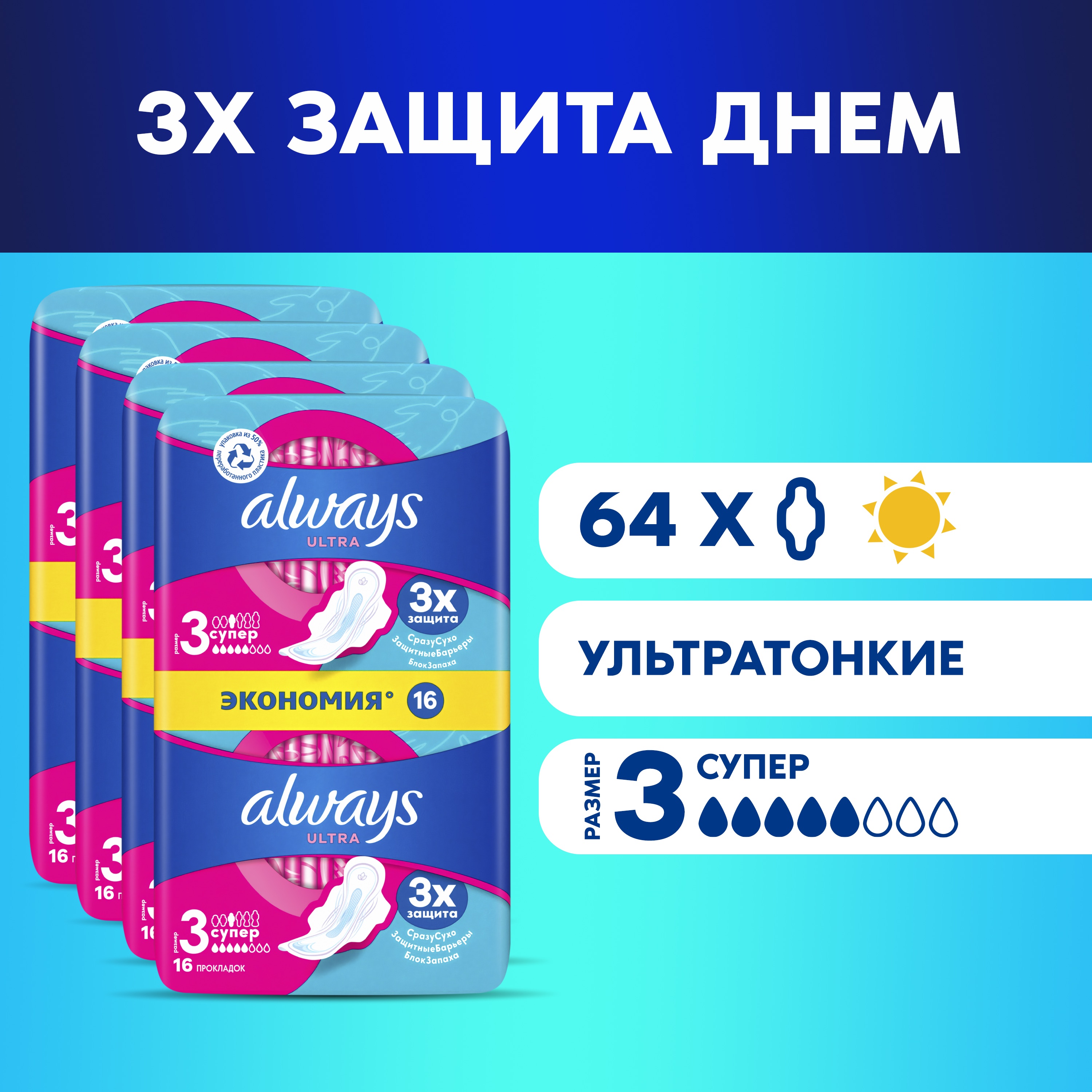 Прокладки Always Ultra Super, 5 капель, 64 шт. прокладки always ultra super quatro 30шт