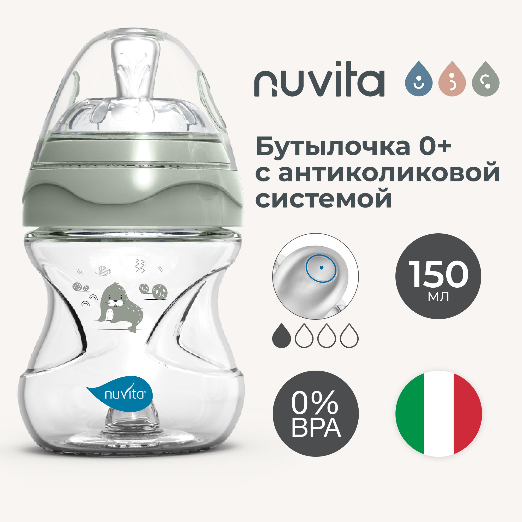 Бутылочка антиколиковая для новорожденных Nuvita Materno Feel пластик зеленая 150 мл 1790₽