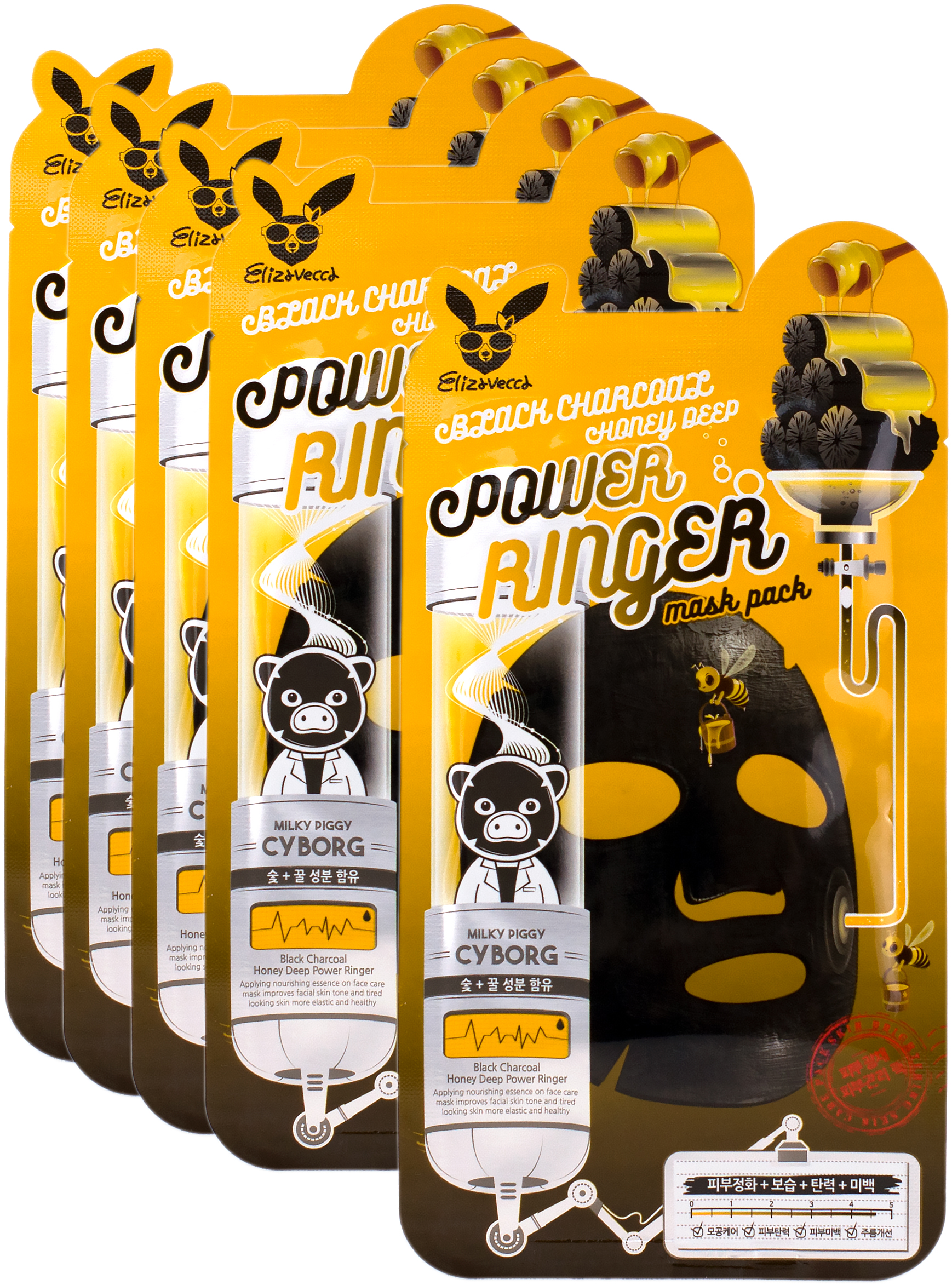 

Маска для лица Elizavecca тканевая Power Ringer Mask Pack Black Charcoal Honey Deep 5шт.