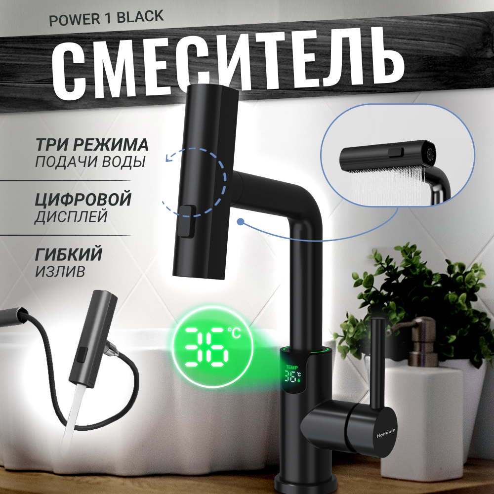 Смеситель для раковины Homium Power с индикатором температуры, черный