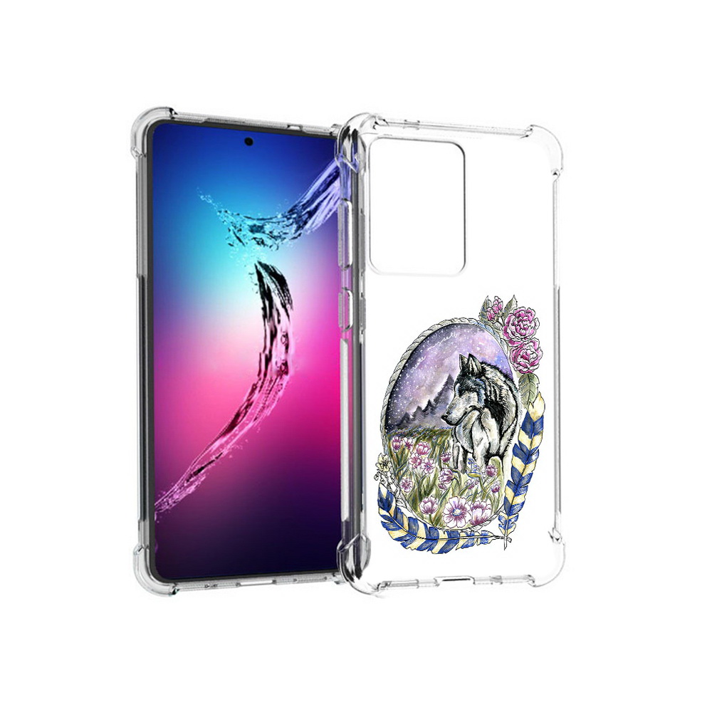 

Чехол MyPads Tocco для Samsung Galaxy S20+ нарисованный волк в цветах с перьями, Прозрачный, Tocco