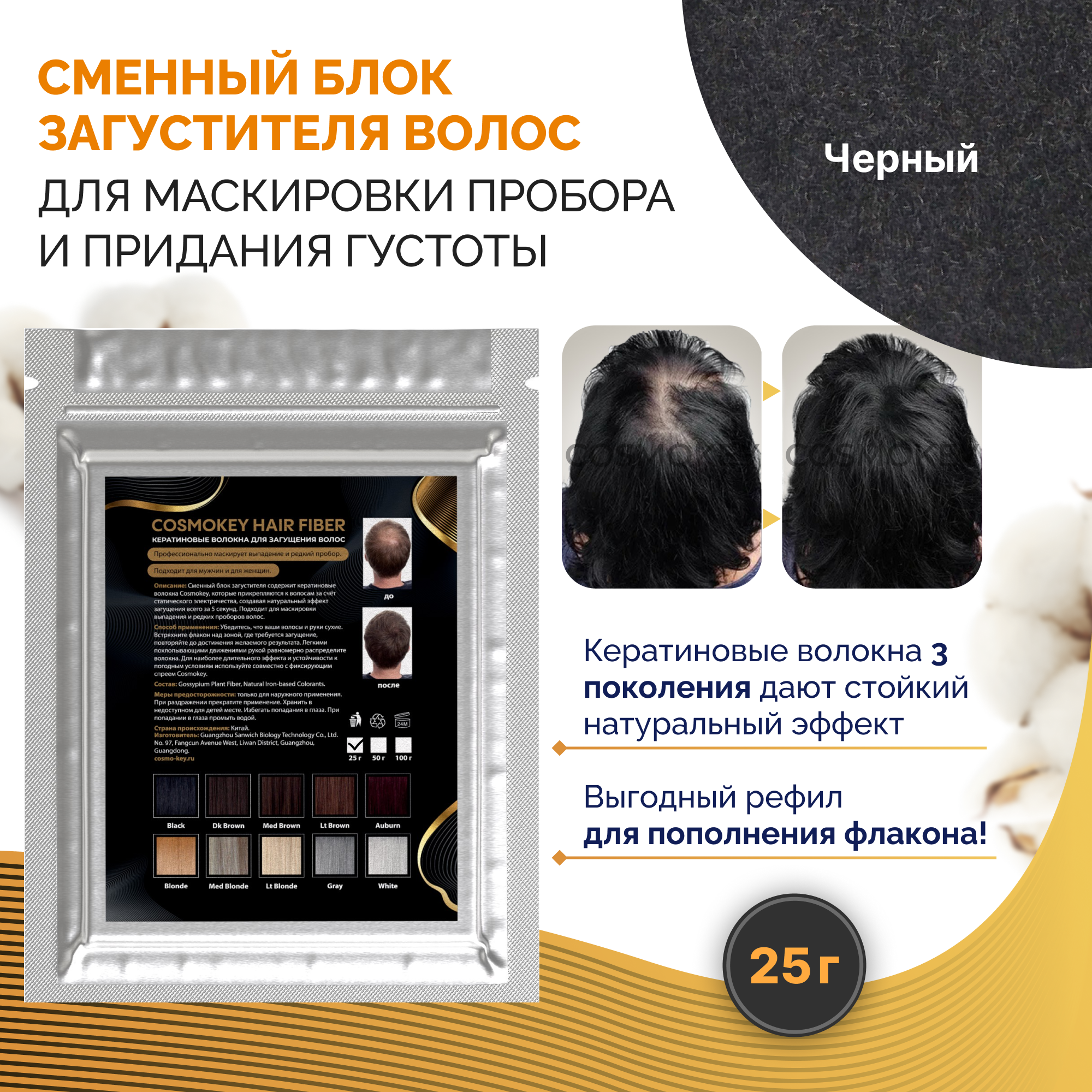Сменный блок загустителя для волос Cosmokey Космокей черный black 25 г clé de peau beauté пудра с эффектом сияния сменный блок