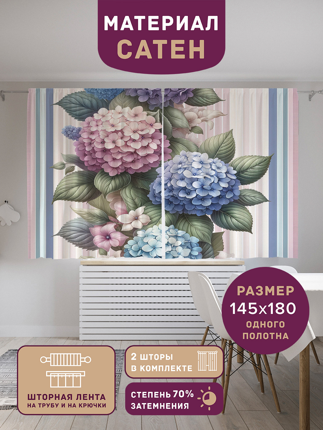 

Фотошторы короткие JoyArty Пышные гортензии сатен, p_sd2499_145x180