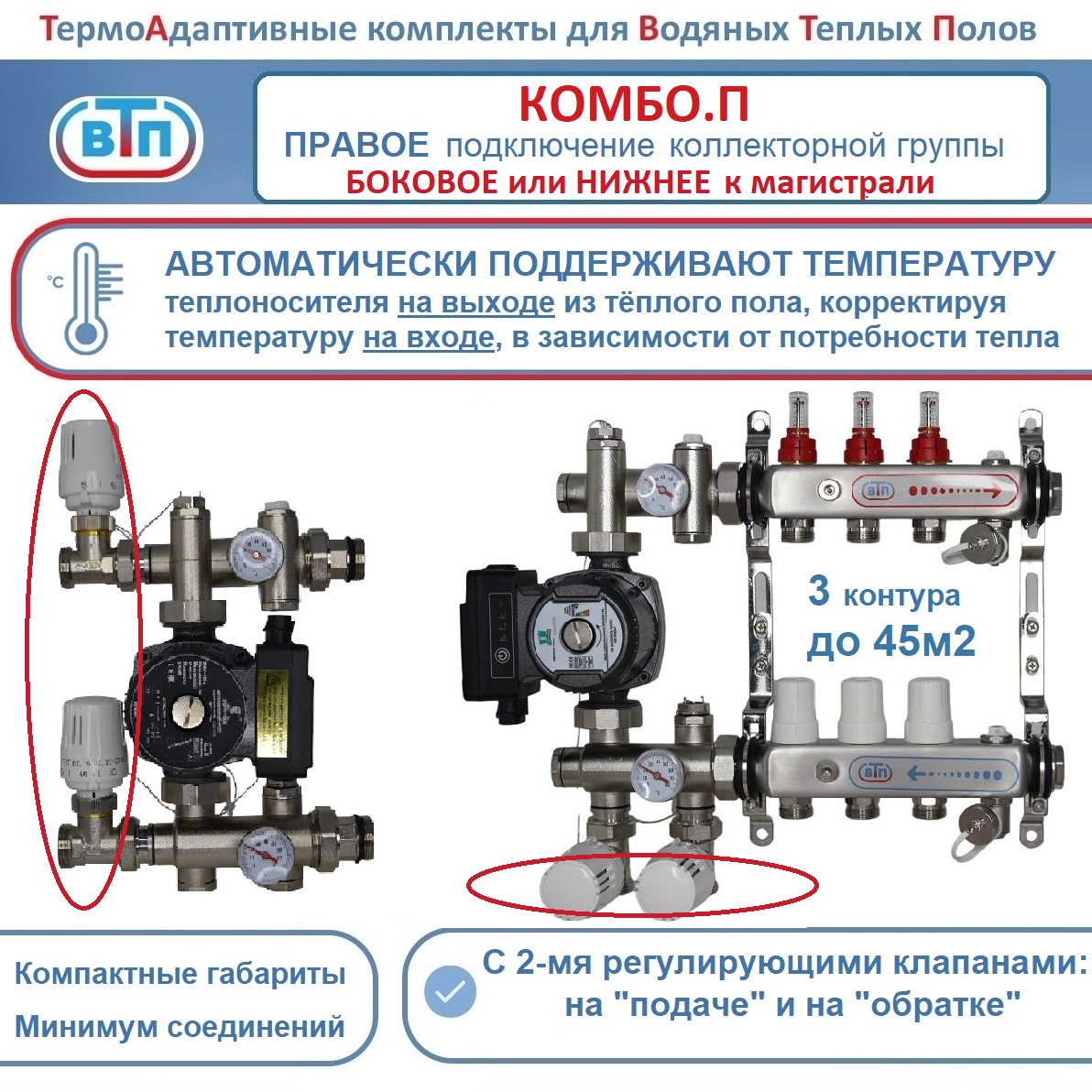 Термоадаптивный комплект теплого пола на 3 конт коллектор справа +част насос ВТП Комбо-П