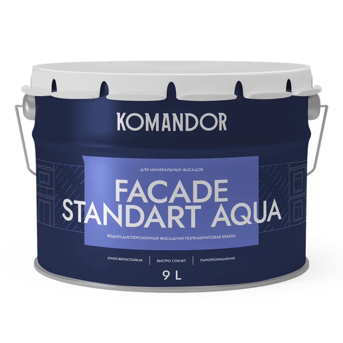 Краска фасадная Komandor Facade Standart Aqua, глубокоматовая, база А, белая, 9 л фасадная водно дисперсная краска krafor