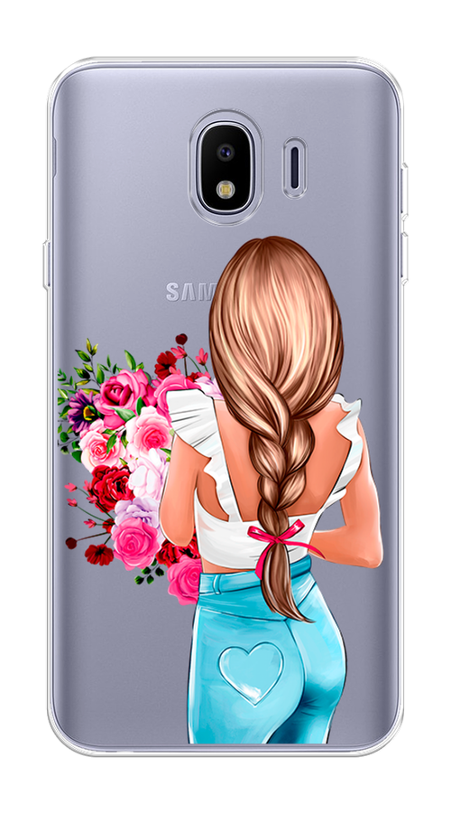 

Чехол на Samsung Galaxy J4 "Девушка с цветами", Коричневый;розовый;голубой, 26450-6
