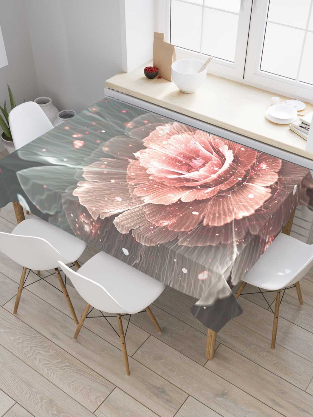 

Скатерть прямоугольная JoyArty "Цветочные брызги" из сатена, 120x145 см, Зеленый, Цветочные брызги