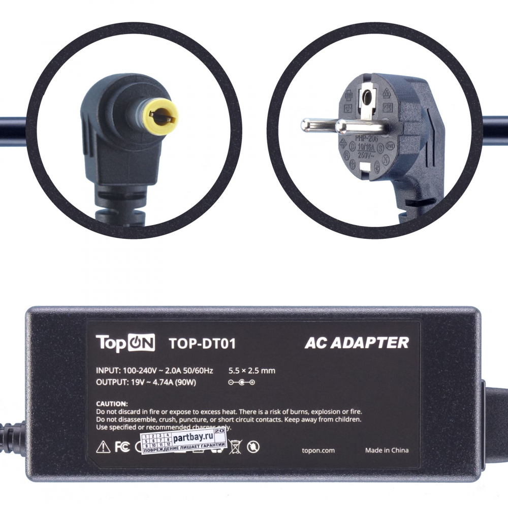 

Блок питания для ноутбука Asus A7CB 19V 4.74A 5.5x2.5mm 90W TopON, Черный