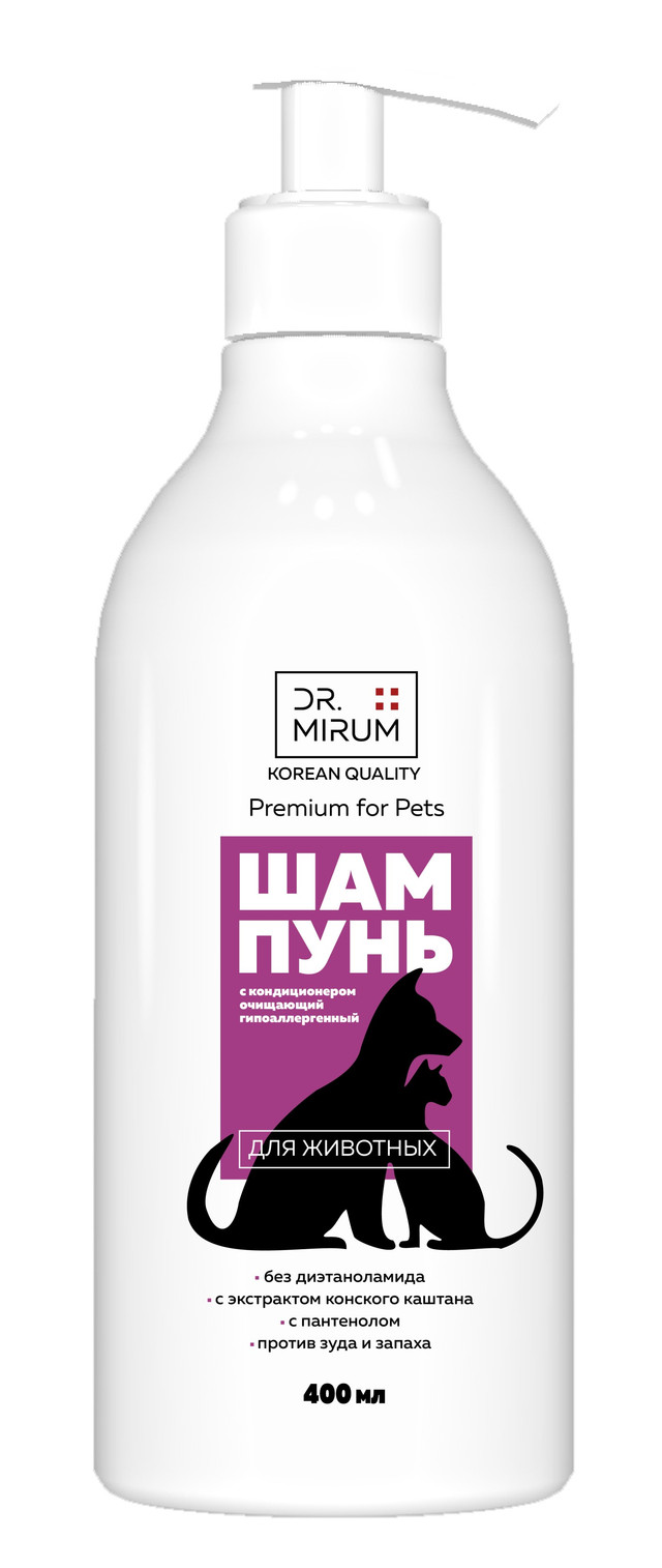 фото Шампунь dr. mirum premium for pets гипоаллергенный с кондиционером очищающий, 400 мл dr.mirum