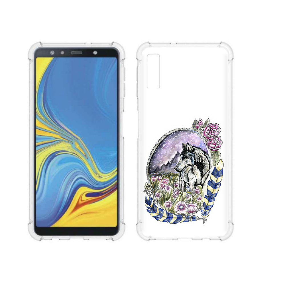 

Чехол MyPads Tocco для Samsung Galaxy A7 (2018) нарисованный волк в цветах с перьями, Прозрачный, Tocco