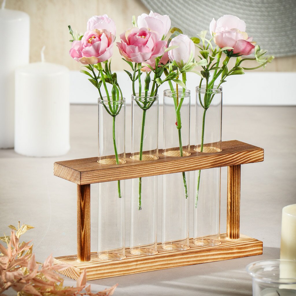 

Ваза стекло Y6-10076 20х16 см настольная 4 колбы деревянная подставка, 4 колбы