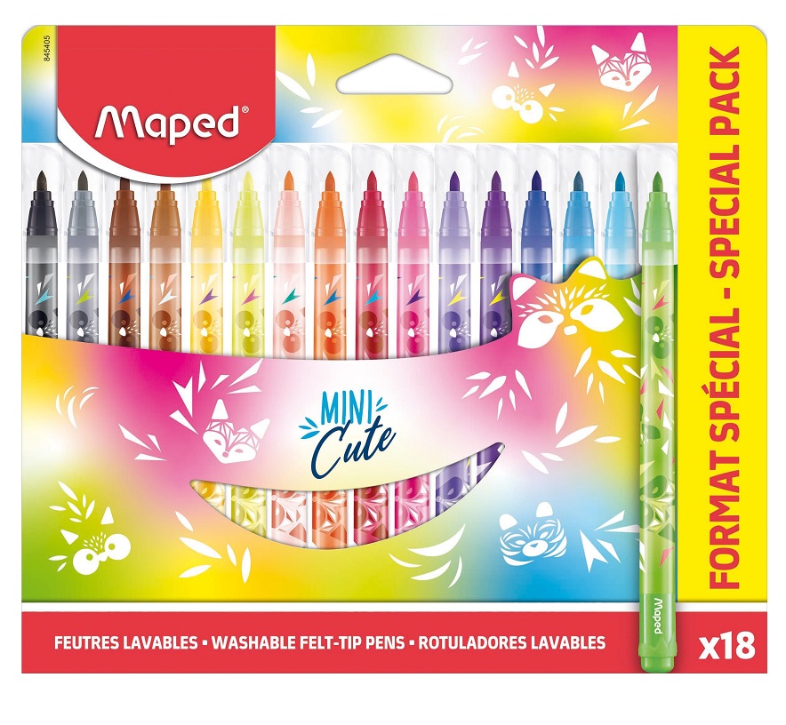 

Набор фломастеров 18 цветов Maped Mini Cute линия 2.8мм, средний пишущий узел, смываемые, Разноцветный