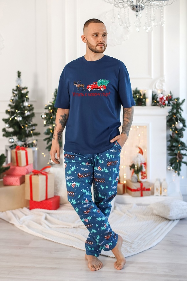 Пижама мужская Виотекс Новогоднее чудо-5 синяя 58 RU