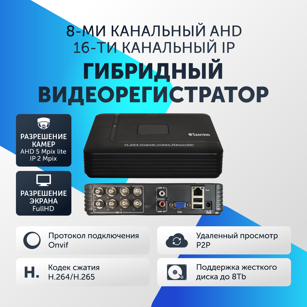 

Видеорегистратор гибридный 8 каналов AHD 5 Mp Lite + IP 2 Mp регистратор видеонаблюдения