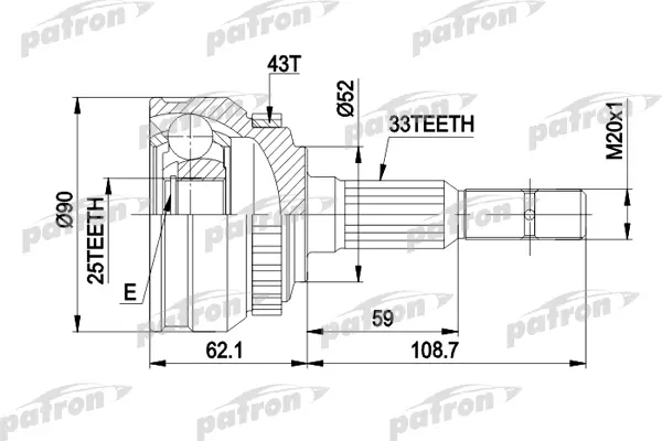 

ШРУС наружн к-кт 33x52x25 ABS43T OPEL VECTRA 1.8-2.0 с и без ABS 10.7.91 PATRON PCV1052