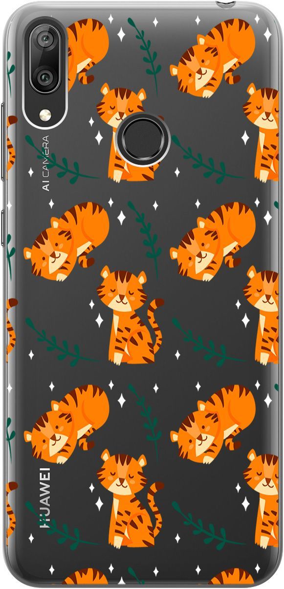 

Силиконовый чехол на Huawei Y7 (2019) "Tigers" прозрачный, Прозрачный;бежевый, 5286
