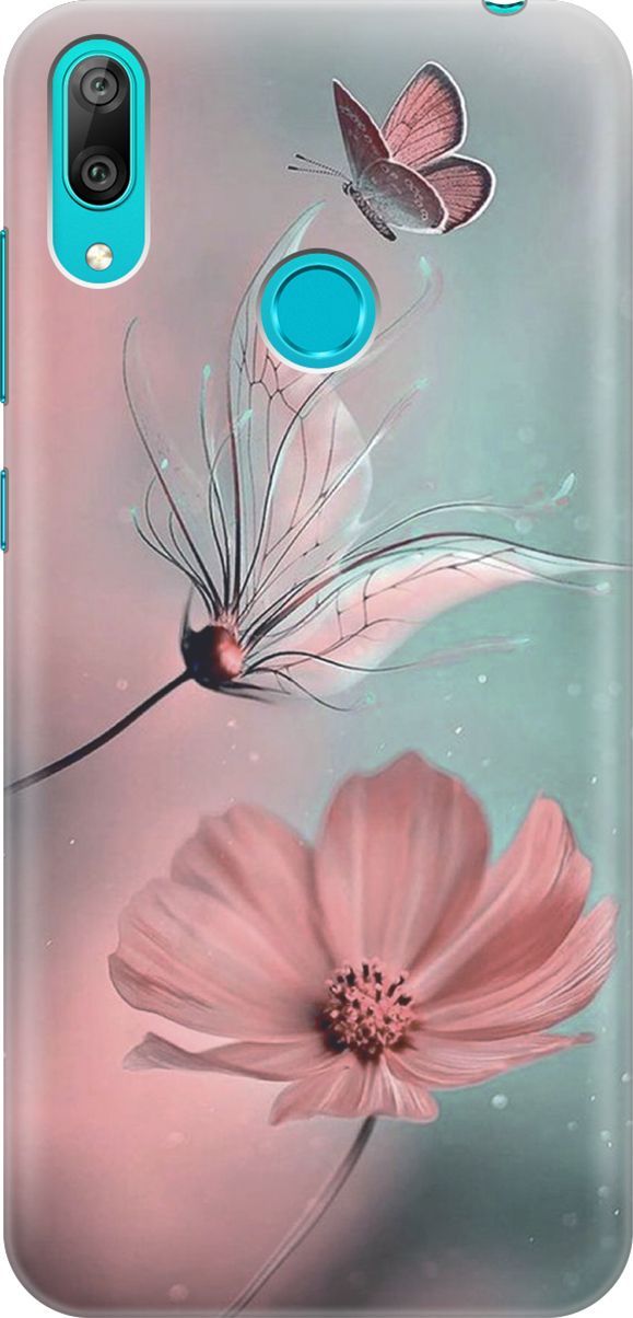 

Силиконовый чехол на Huawei Y7 (2019) "Бабочка и цветы", Голубой;розовый, 4507