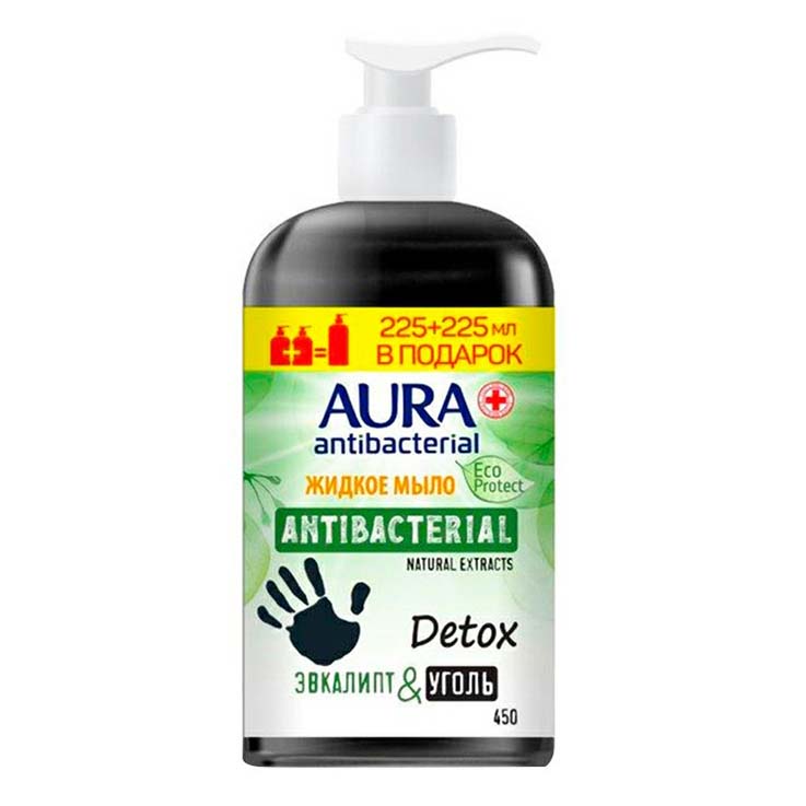 фото Крем-мыло aura eco protect detox с антибактериальным эффектом эвкалипт и уголь 450 мл