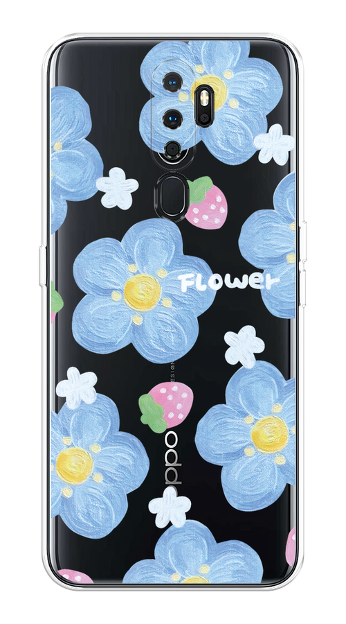 

Чехол на Oppo A5/A9 2020 "Цветы и клубники", Прозрачный;голубой;белый, 251950-1