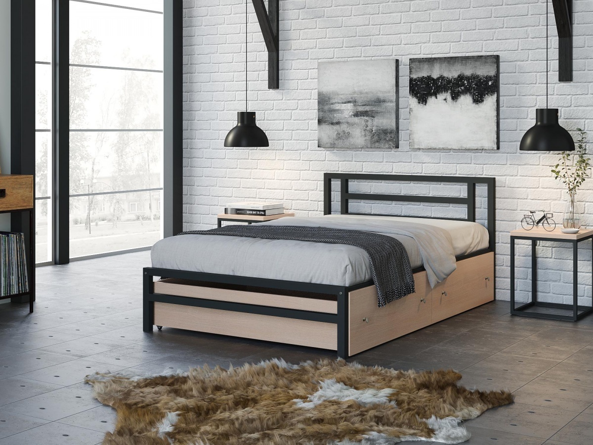 

Односпальная кровать 4 Сезона Титан 120 Серый ящики дуб молочный, Бежевый;серый, Титан 120 ящики