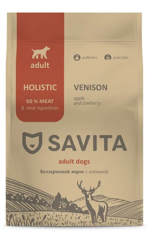 Сухой корм для собак SAVITA с олениной, беззерновой, 4 кг