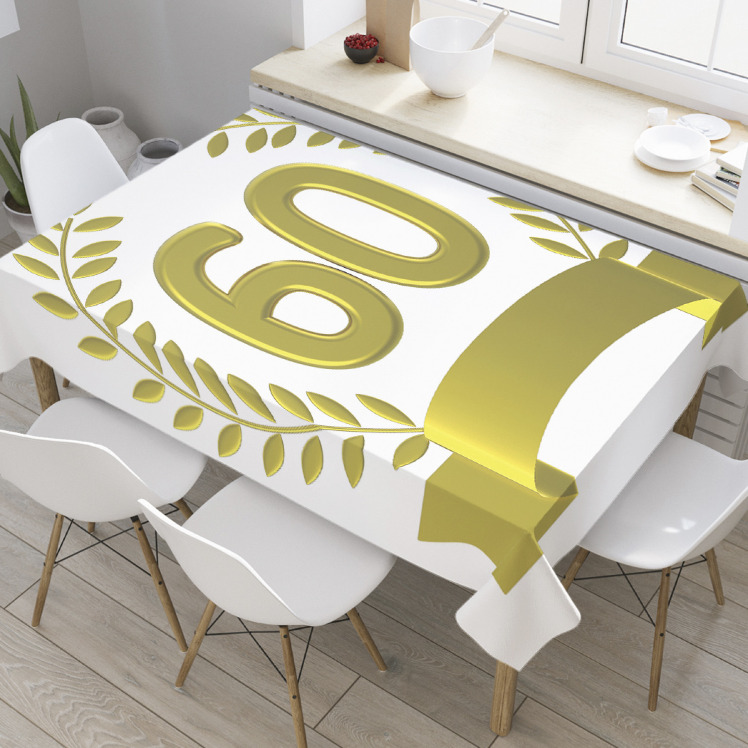 

Скатерть прямоугольная JoyArty "Золотой венок на 60-летие" из оксфорда, 120x145 см, Белый, Золотой венок на 60-летие