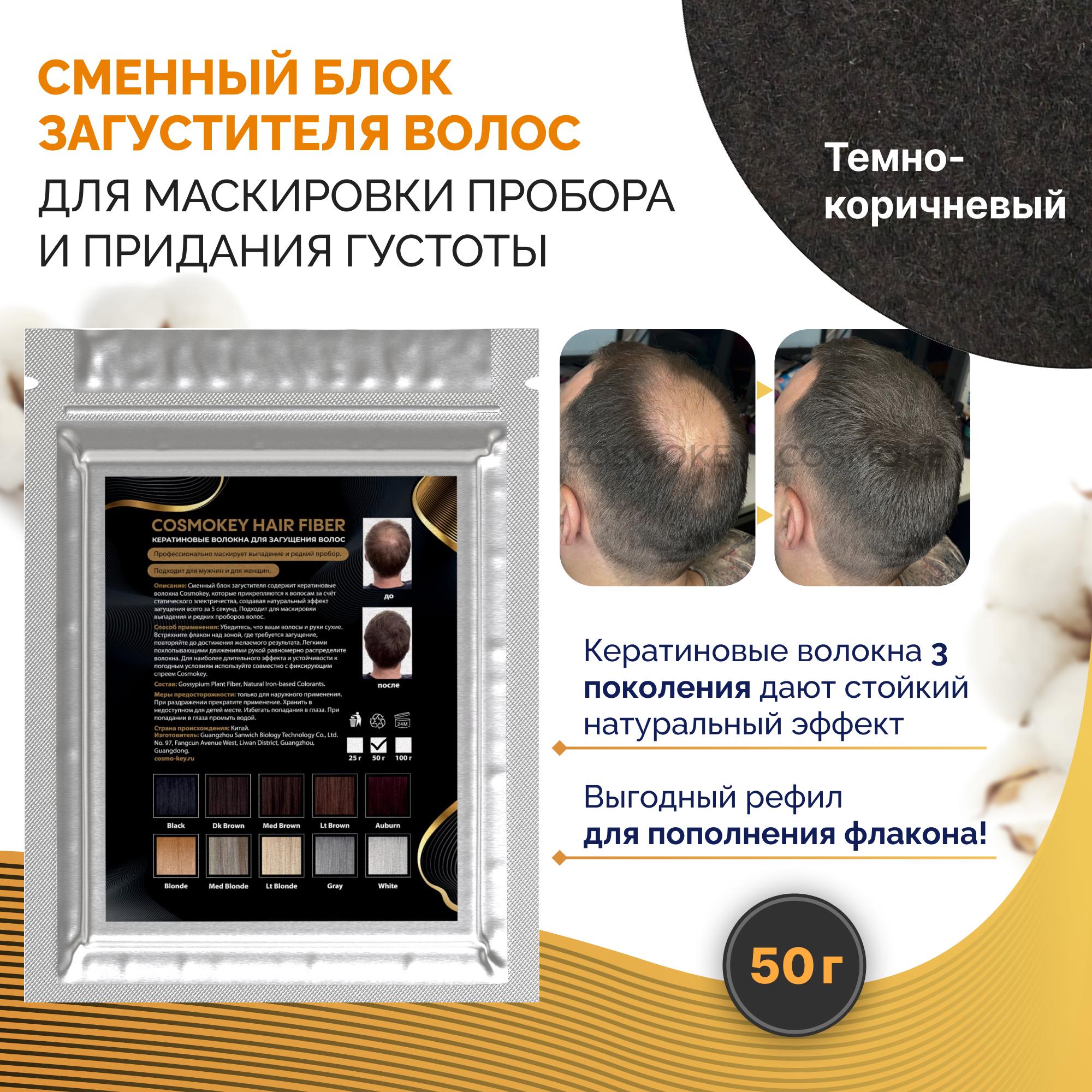 Сменный блок загустителя для волос Cosmokey темно-коричневый dark brown 50 г