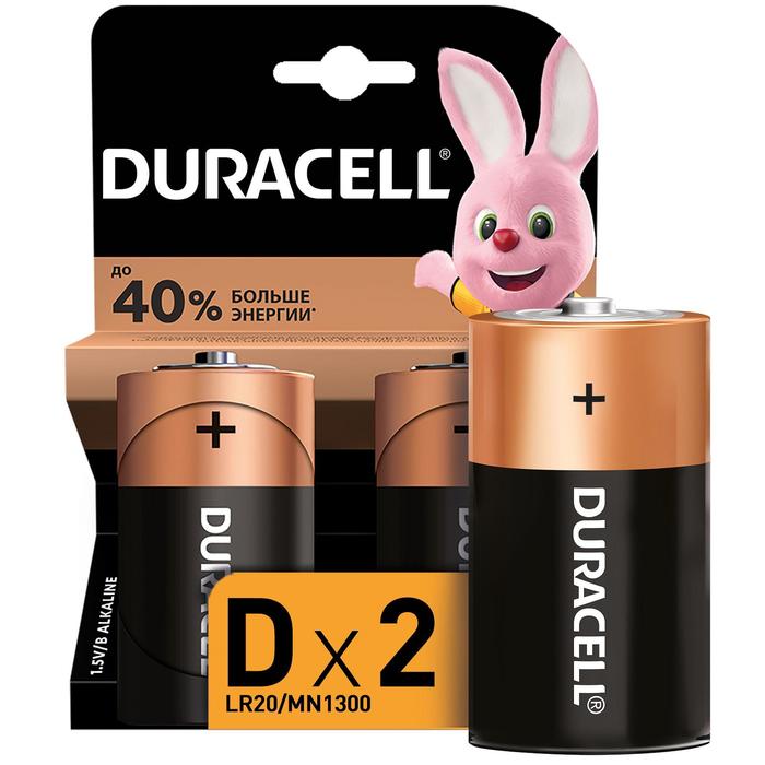 Батарейка алкалиновая Duracell Basic, D, LR20-2BL, 1.5В, блистер, 2 шт.