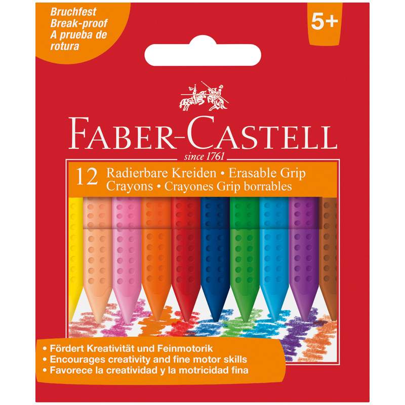 Мелки пластиковые Faber-Castell Grip 12 цв., трехгранные, картон, арт. 286218 - 3 уп. текстовыделитель 1548 розовый флюор faber castell