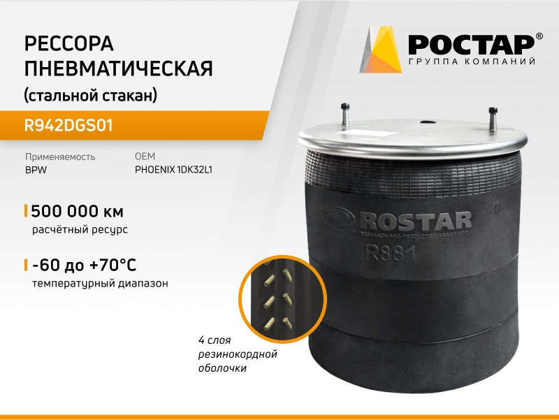 

Рессора пневматическая Ростар R942DGS01 со стальным стаканом 1DK32L1, R942DGS01